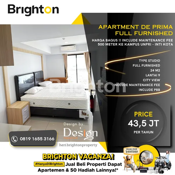 DI SEWAKAN APARTMENT DE PRIMA. FULL FURNISHED. INTI KOTA. 500 M KE KAMPUS UNPRI. HARGA BAGUS ( SUDAH INCLUDE MAINTENANCE FEE )