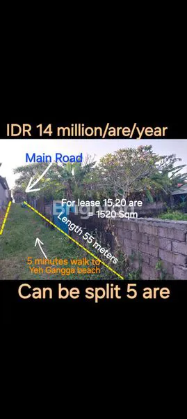 LAND FOR RENT ( LEASEHOLD ) 5 MINUTES WALK TO YEH GANGGA BEACH. TABANAN.