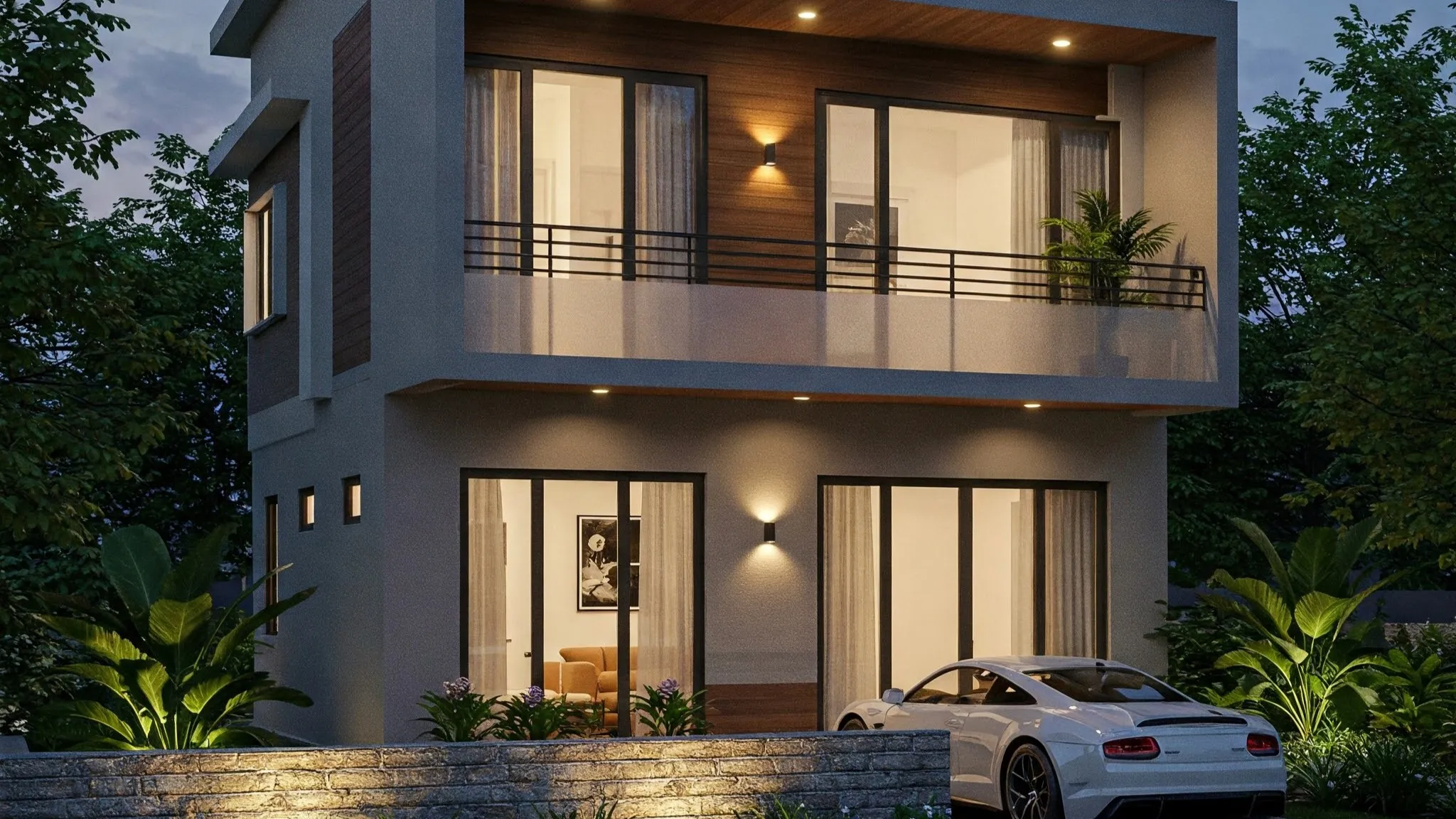 balkon rumah tingkat minimalis 2 lantai tambahkan elemen artistik lampu tekstur aksen 14