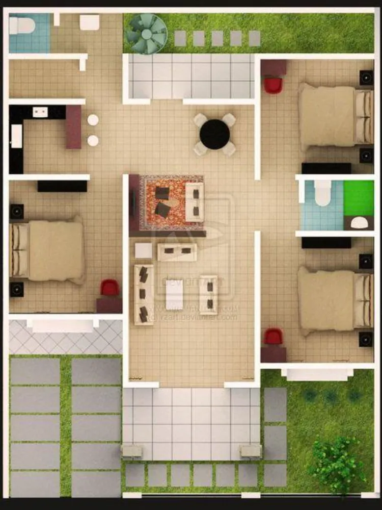 denah 3 kamar di lahan yang besar