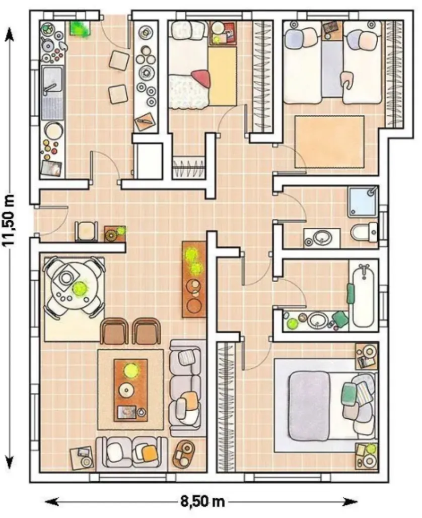 denah rumah 3 kamar complete