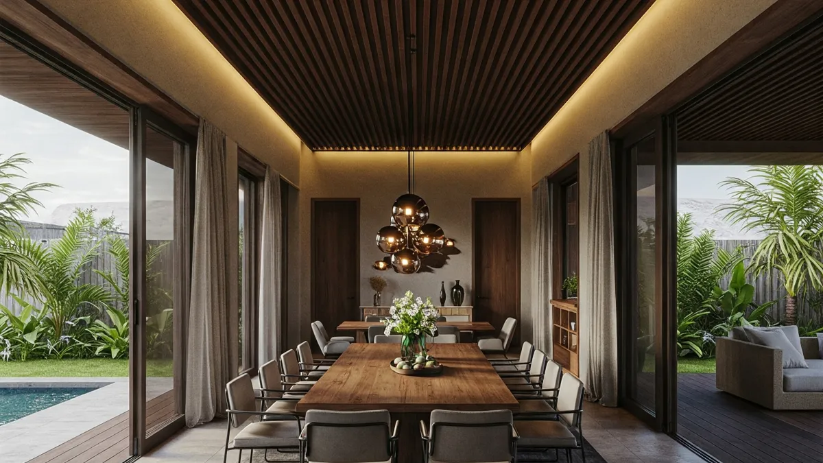 model plafon rumah dengan elemen kayu strip 14