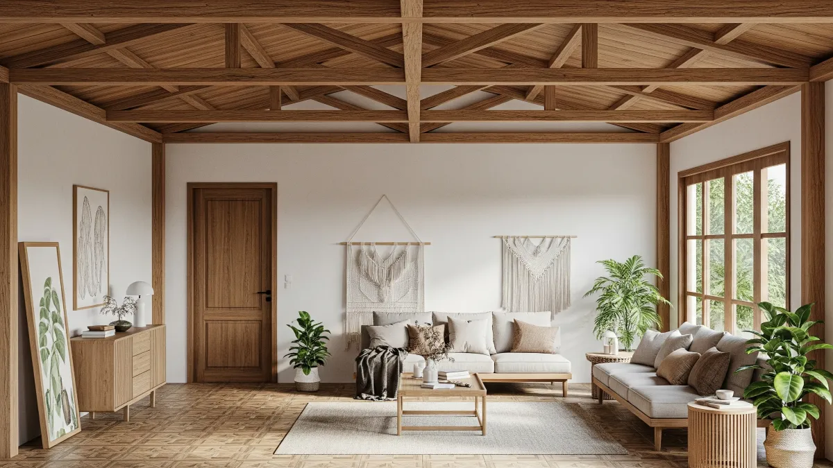 ruang tamu minimalis 3x3 plafon rangka kayu terbuka 11