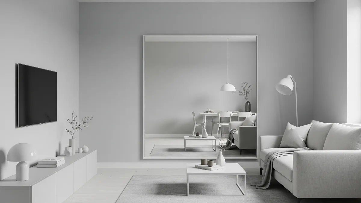 ruang tamu minimalis 3x3 dengan cermin ilusi ruang lebih besar 15