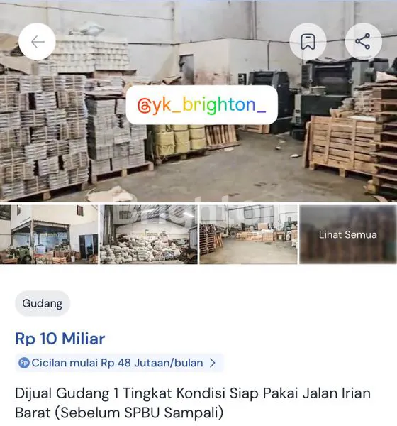 DIJUAL GUDANG JL. IRIAN BARAT (SEBELUM SPBU SAMPALI)  LT : 2000M² (40X50M) LB : 1.700M² 1 TINGKAT KONDISI SIAP PAKAI