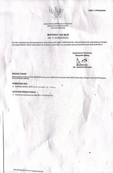 TANAH DEPAN LAPANGAN GRINGSING, BATANG