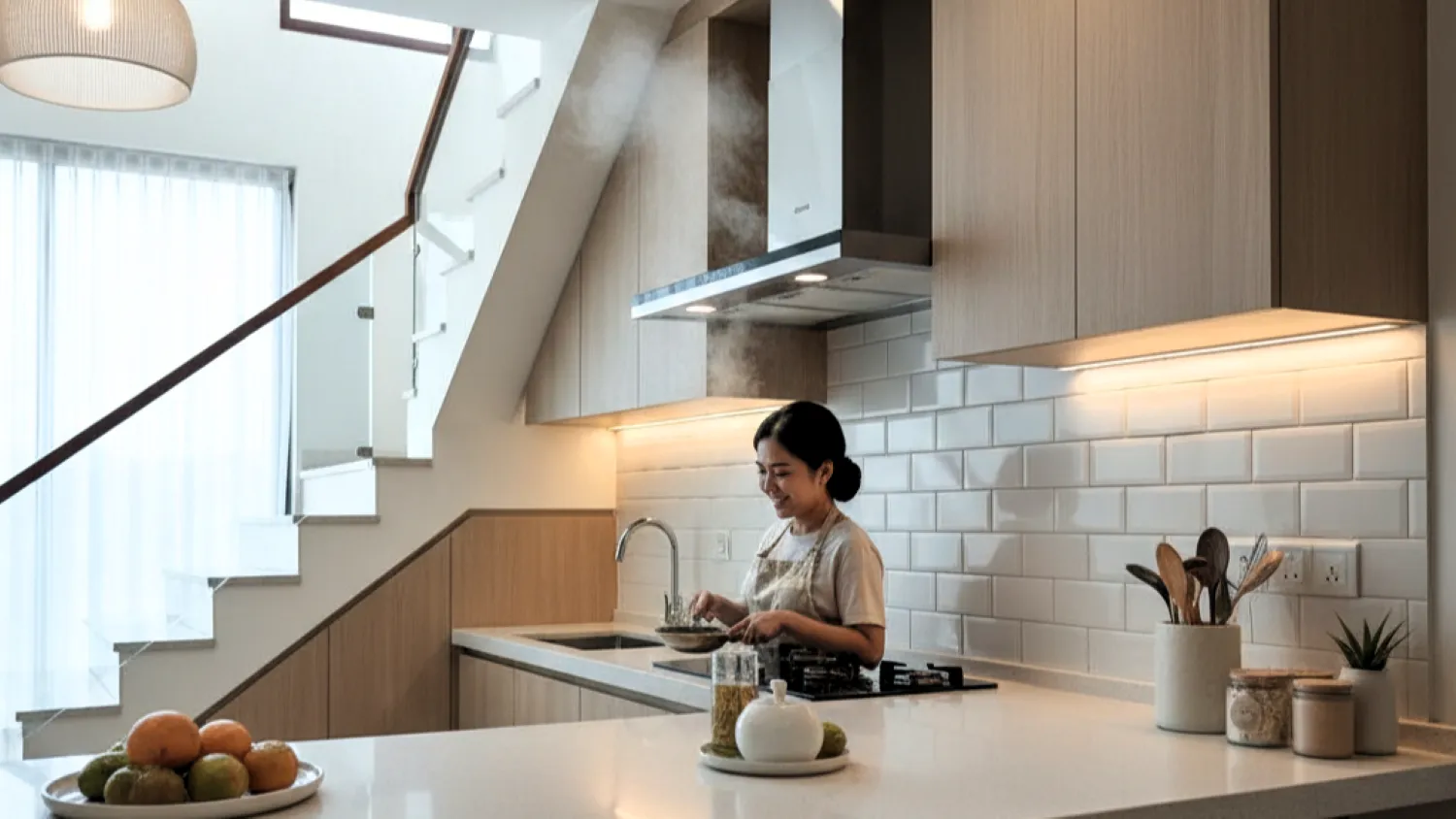 desain dapur dibawah tangga fungsional 8 ventilasi pencahayaan