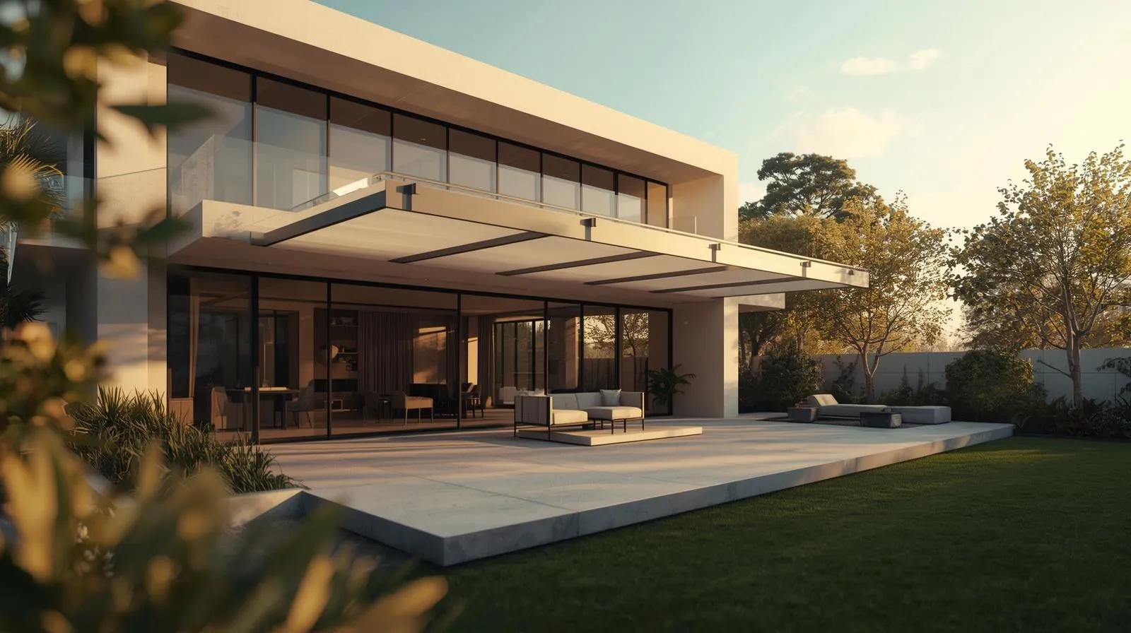 Front exterior view of a luxury modern house with an elegant and functional terrace spacious minimalist design transparent canopy over the terrace sleek furniture large glass windows contemporary architectural de