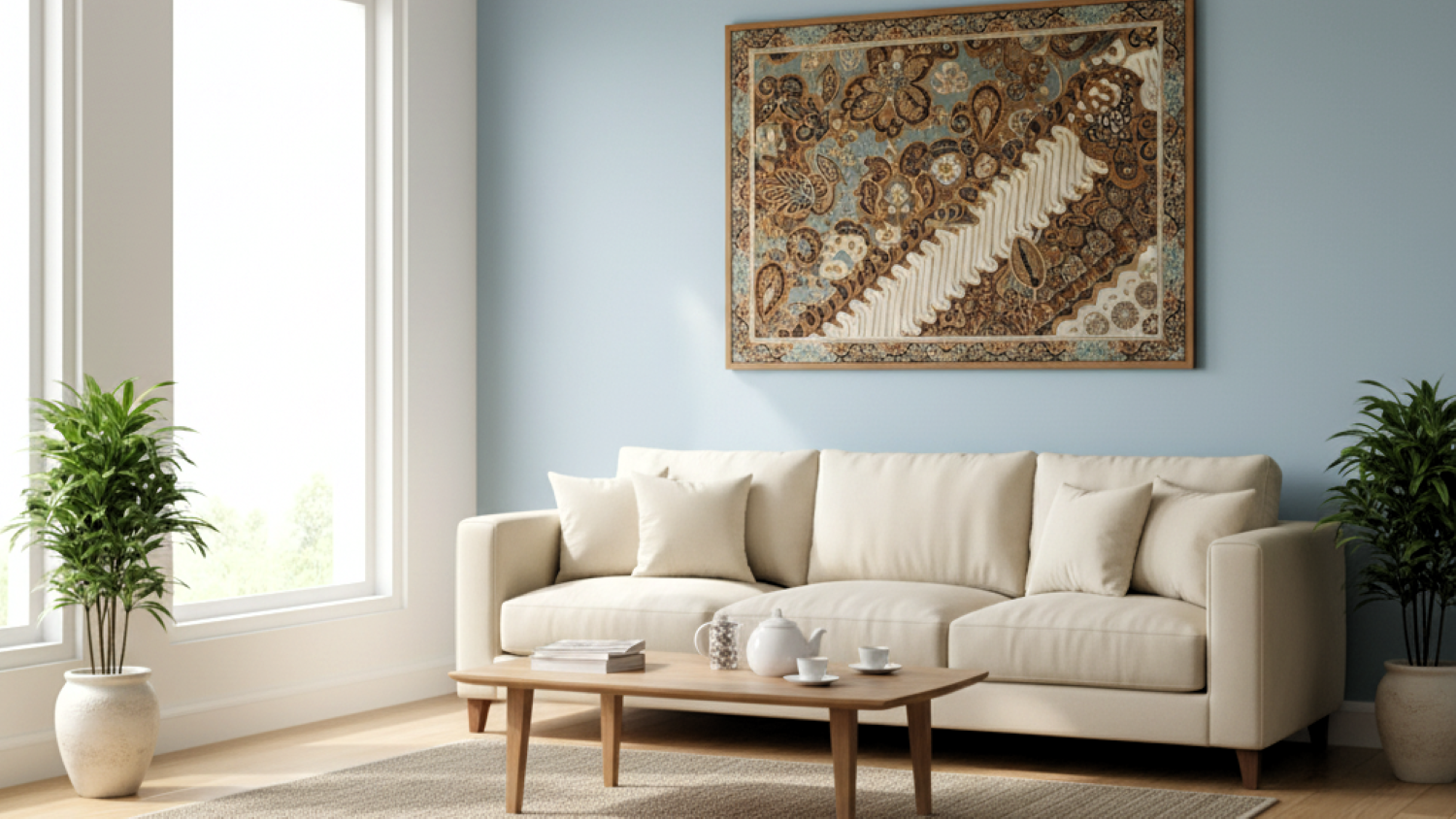 perpaduan warna biru muda desain rumah 7 ruang tamu