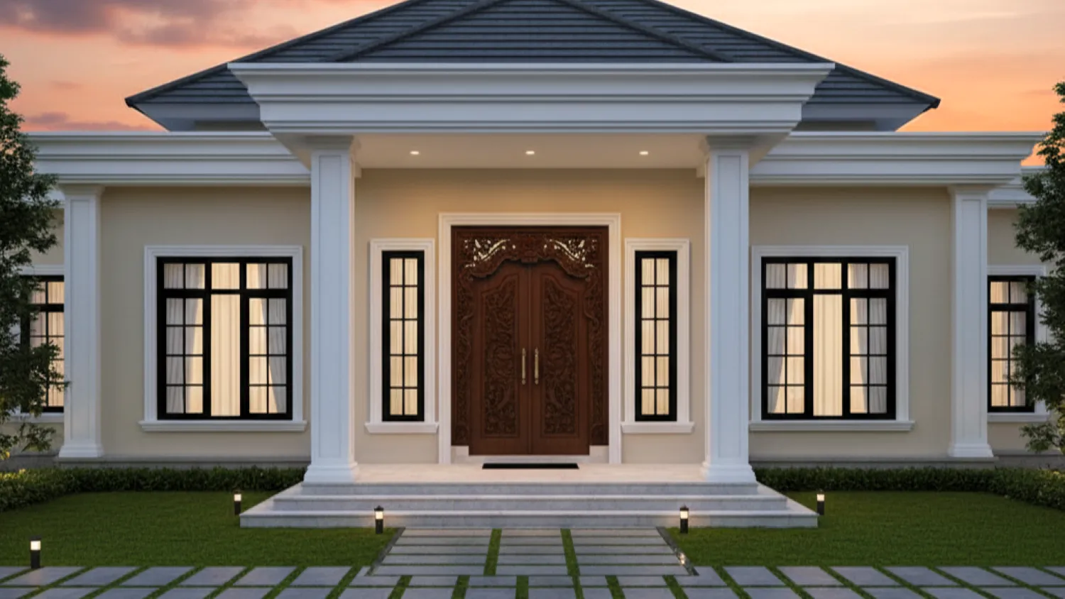 desain rumah klasik modern 1 lantai analisis 6 fasad yang simetris2