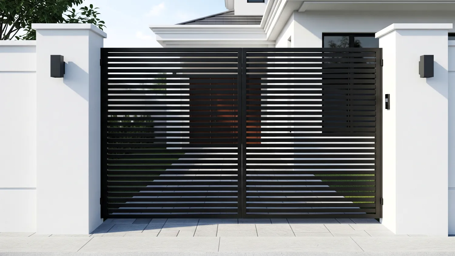 model pintu pagar besi dorong minimalis modern 7 garis horizontal klasik