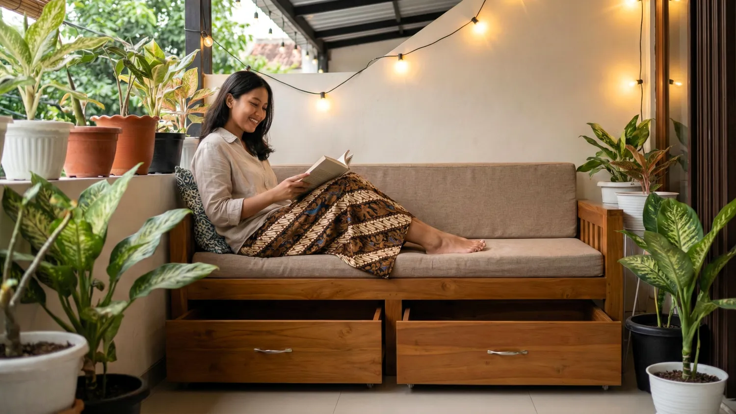 desain teras rumah kecil sederhana estetik 5 furnitur multifungsi