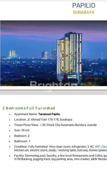 image APARTEMEN TAMANSARI PAPILIO HOOK, VIEW JEMBATAN SURAMADU-BANDARA JUANDA, DENGAN BANYAK FASILITAS UMUM SEPERTI POOL, RESTORAN & CAFE, GYM, KLINIK, SPA MASSAGE, MINI MARKET, SALON, LAUNDRY DLL (5)
